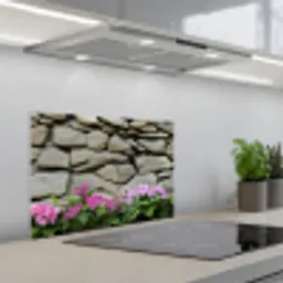 Hortensia’s - Stenen - Muur - Bloemen keuken achterwand spatscherm klein -3d_schuin