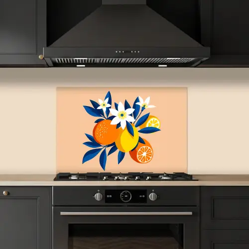 Illustratie - Sinaasappels - Donkerblauw - Bloemen keuken achterwand spatscherm klein -sfeer1