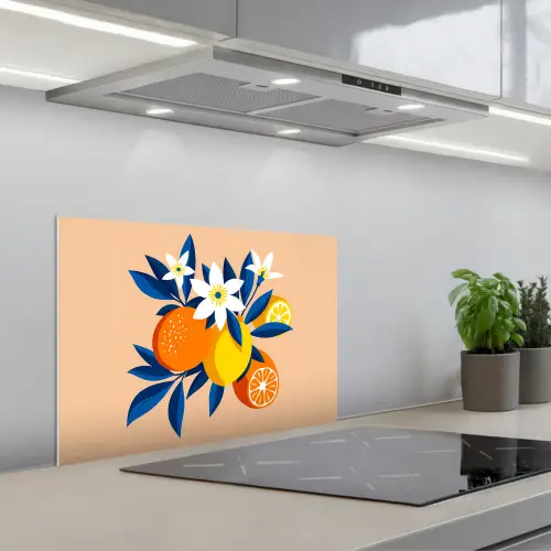 Illustratie - Sinaasappels - Donkerblauw - Bloemen keuken achterwand spatscherm klein -3d_schuin