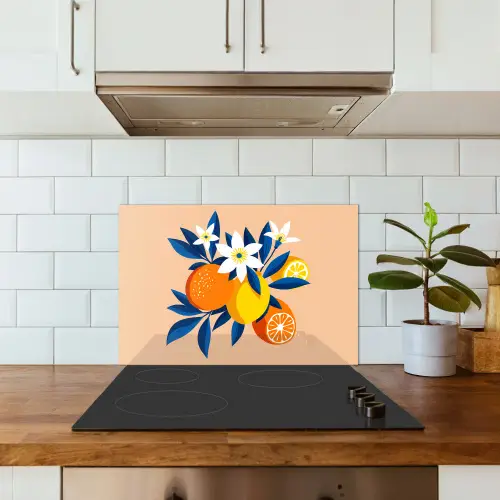 Illustratie - Sinaasappels - Donkerblauw - Bloemen keuken achterwand spatscherm klein -sfeer2
