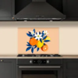 Illustratie - Sinaasappels - Donkerblauw - Bloemen keuken achterwand spatscherm klein -sfeer1