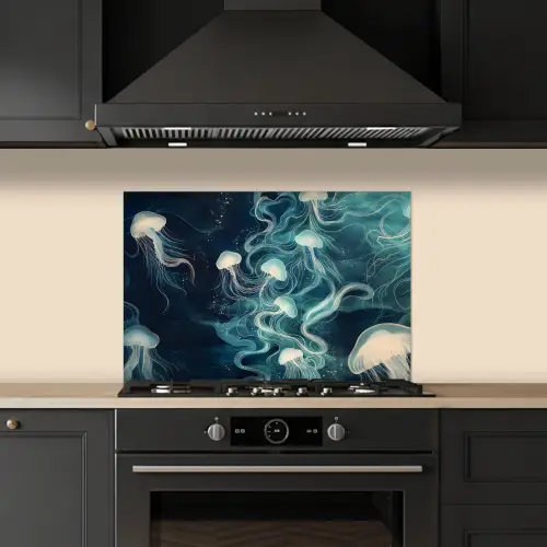 Kwallen - Zee - Wit - Golven keuken achterwand spatscherm klein -sfeer1
