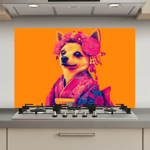 Kimono - Hondje - Bloemenkroon - Oranje keuken achterwand spatscherm klein -3d_website