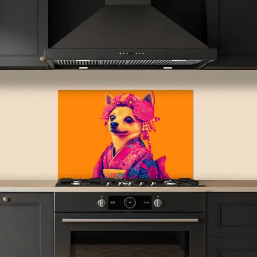 Kimono - Hondje - Bloemenkroon - Oranje keuken achterwand spatscherm klein -sfeer1