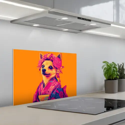 Kimono - Hondje - Bloemenkroon - Oranje keuken achterwand spatscherm klein -3d_schuin
