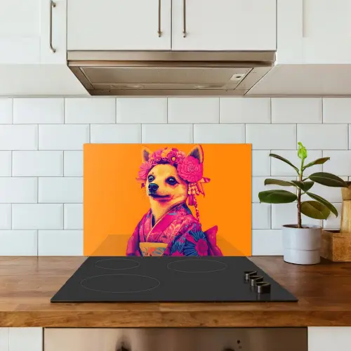 Kimono - Hondje - Bloemenkroon - Oranje keuken achterwand spatscherm klein -sfeer2
