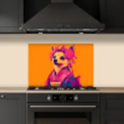 Kimono - Hondje - Bloemenkroon - Oranje keuken achterwand spatscherm klein -sfeer1