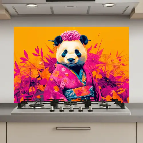Kimono - Roze - Panda - Bloemenkroon keuken achterwand spatscherm klein -3d_website