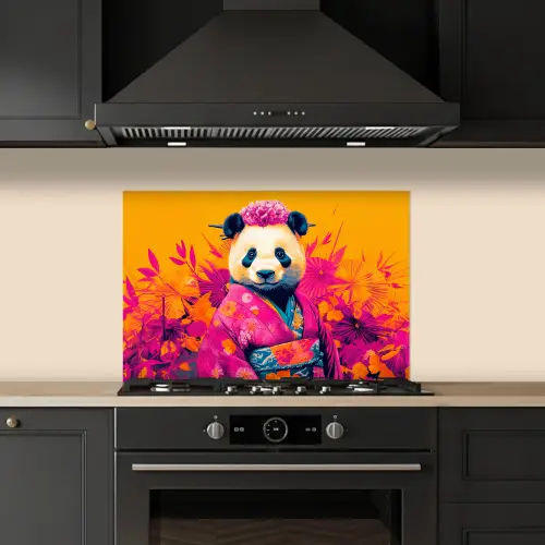 Kimono - Roze - Panda - Bloemenkroon keuken achterwand spatscherm klein -sfeer1