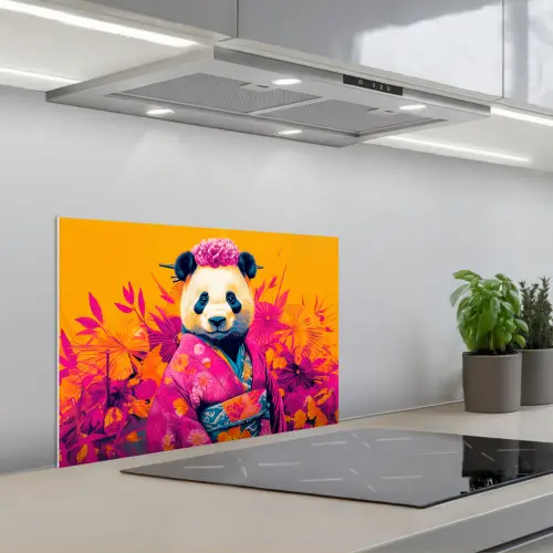 Kimono - Roze - Panda - Bloemenkroon keuken achterwand spatscherm klein -3d_schuin