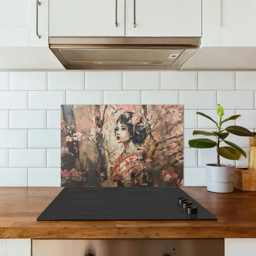 Kimono - Vrouw - kersenbomen keuken achterwand spatscherm klein -sfeer2