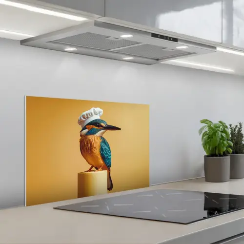 Ijsvogel - Pilaar - Koksmuts - Vogel keuken achterwand spatscherm klein -3d_schuin