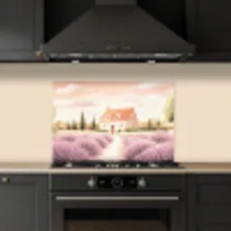 Lavendelveld - Huis - Paars keuken achterwand spatscherm klein -sfeer1