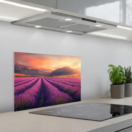Lavendelveld - Zonsondergang - Paars keuken achterwand spatscherm klein -3d_schuin