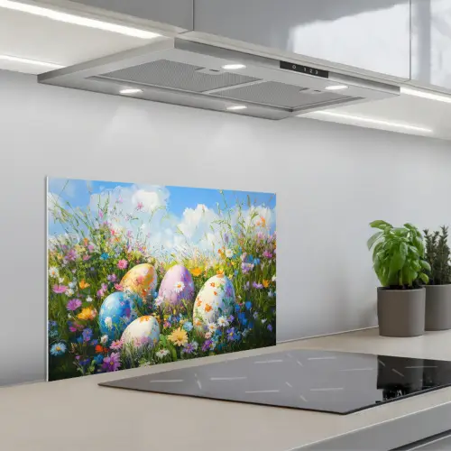 Grasveld - Eieren - Bloemen keuken achterwand spatscherm klein -3d_schuin