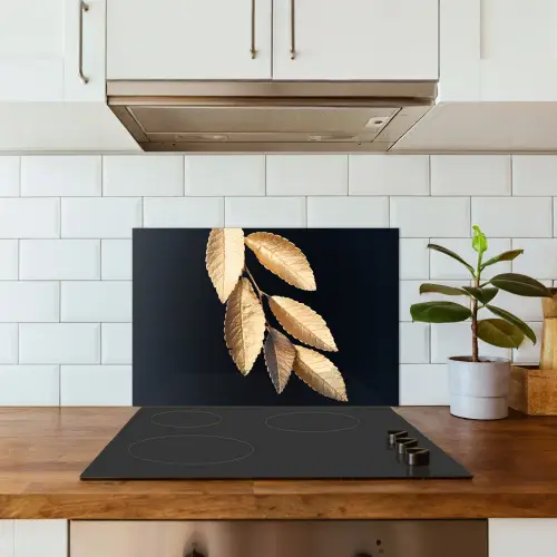 Bladeren - Zwart - Goud - Luxe - Planten keuken achterwand spatscherm klein -sfeer2