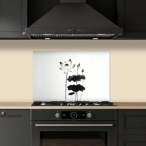 Bladeren - Zwart - Lotusbloem - Minimalitisch keuken achterwand spatscherm klein -sfeer1