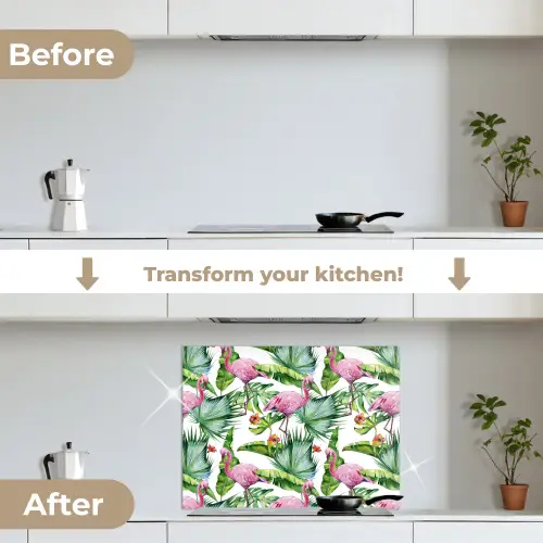 Bladeren - Flamingo - Jungle keuken achterwand spatscherm middel -voor_na_EN