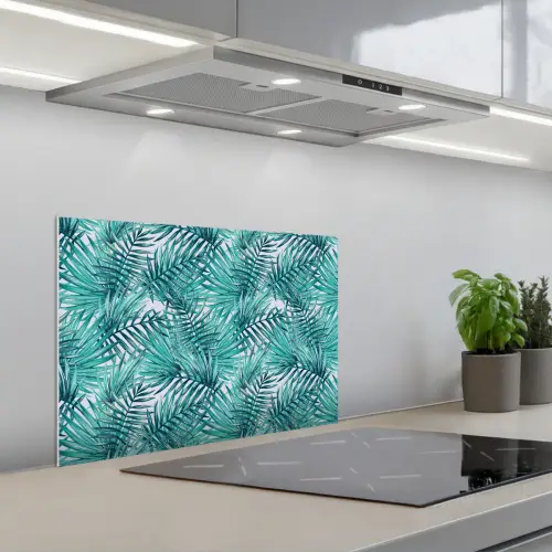 Bladeren - Ijsblauw - Wit keuken achterwand spatscherm klein 900 -3d_schuin