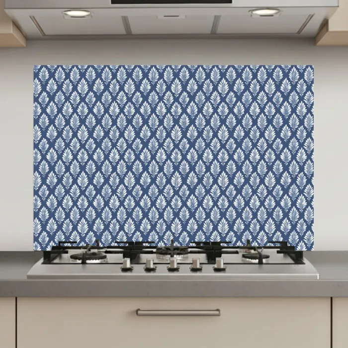 Bladeren - Wit - Blauw - Patroon keuken achterwand spatscherm klein 900 -3d_website