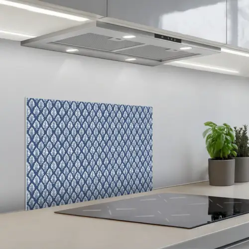 Bladeren - Wit - Blauw - Patroon keuken achterwand spatscherm klein 900 -3d_schuin