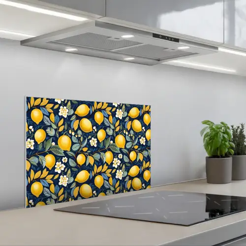 Citroenen - Bloemen - Bladeren - Blauw keuken achterwand spatscherm klein 900 -3d_schuin