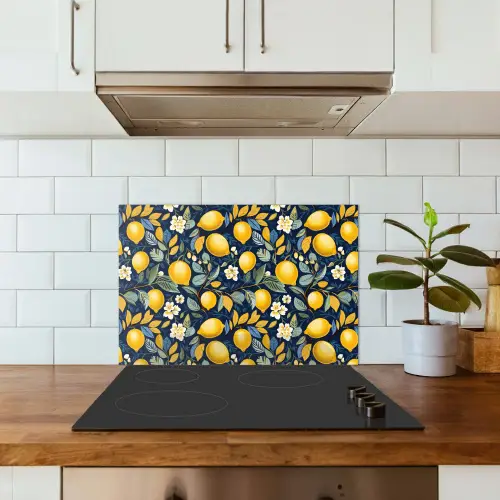 Citroenen - Bloemen - Bladeren - Blauw keuken achterwand spatscherm klein 900 -sfeer2
