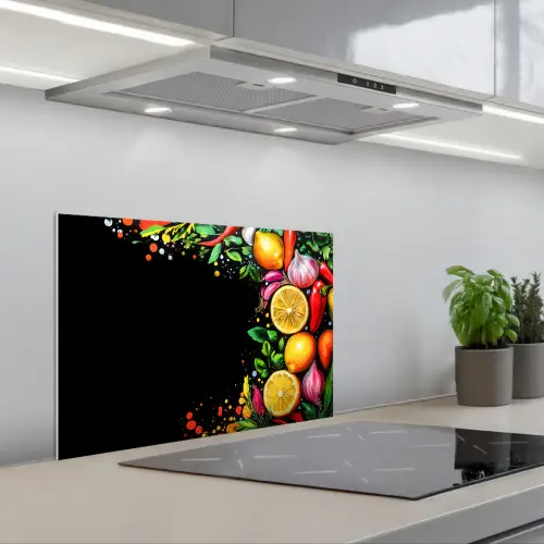 Citroenen - Peper - Kruiden - Graffiti - Verf - Abstract keuken achterwand spatscherm klein -3d_schuin