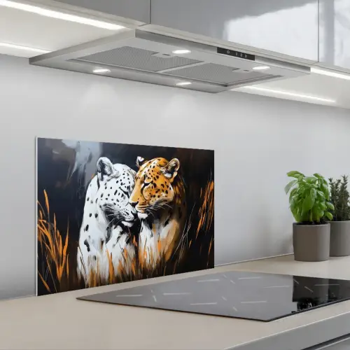 Luipaard - Oranje - Wit - Gras keuken achterwand spatscherm klein -3d_schuin