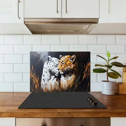 Luipaard - Oranje - Wit - Gras keuken achterwand spatscherm klein -sfeer2