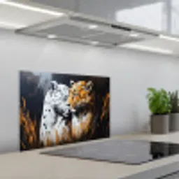 Luipaard - Oranje - Wit - Gras keuken achterwand spatscherm klein -3d_schuin