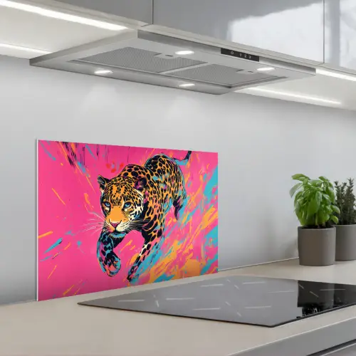 Luipaard - Roze - Oranje - Blauw - Verf keuken achterwand spatscherm klein -3d_schuin
