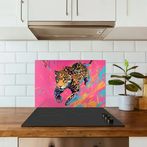 Luipaard - Roze - Oranje - Blauw - Verf keuken achterwand spatscherm klein -sfeer2