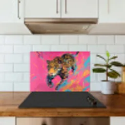 Luipaard - Roze - Oranje - Blauw - Verf keuken achterwand spatscherm klein -sfeer2