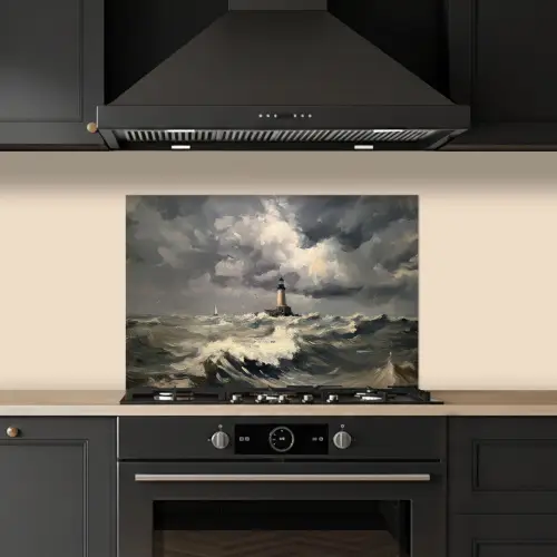 Vuurtoren - Golven - Storm keuken achterwand spatscherm klein -sfeer1