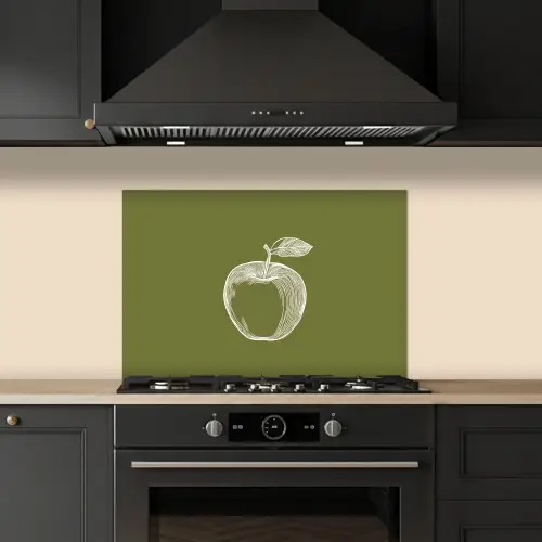 Lijntekening - Appel - Olijfgroen - Blaadje keuken achterwand spatscherm klein -sfeer1
