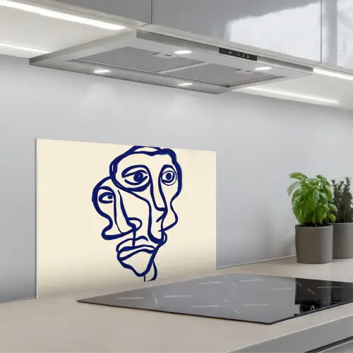Lijntekening - Overlappende gezichten - Donkerblauw keuken achterwand spatscherm klein -3d_schuin