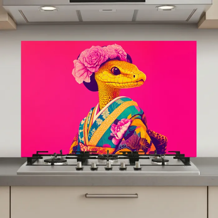 Hagedis - Bloemen - Roze - Kimono keuken achterwand spatscherm klein -3d_website