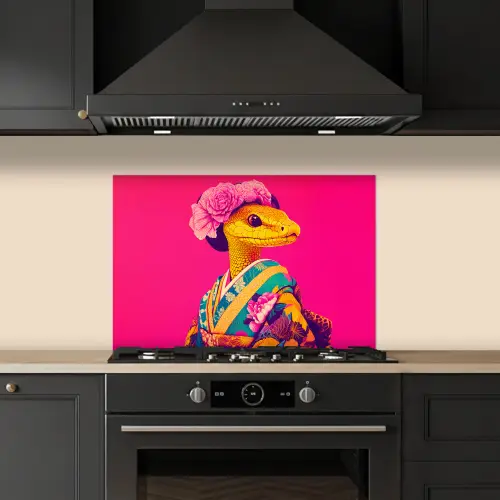 Hagedis - Bloemen - Roze - Kimono keuken achterwand spatscherm klein -sfeer1