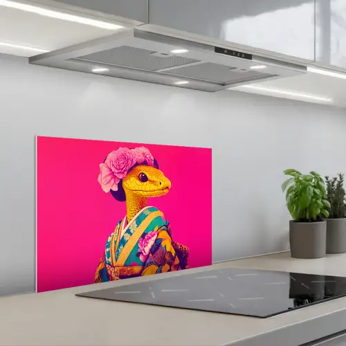 Hagedis - Bloemen - Roze - Kimono keuken achterwand spatscherm klein -3d_schuin