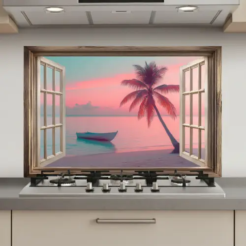 Doorkijk - Strand - Palmboom - Tropisch keuken achterwand spatscherm klein -3d_website