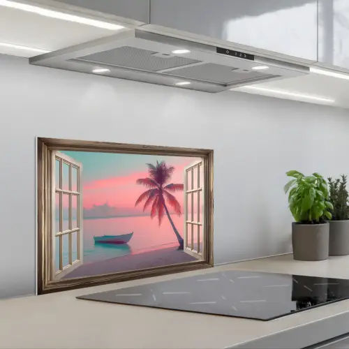 Doorkijk - Strand - Palmboom - Tropisch keuken achterwand spatscherm klein -3d_schuin