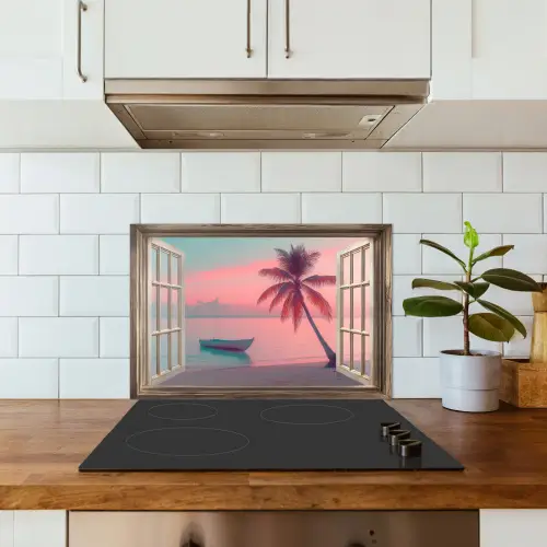 Doorkijk - Strand - Palmboom - Tropisch keuken achterwand spatscherm klein -sfeer2