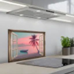 Doorkijk - Strand - Palmboom - Tropisch keuken achterwand spatscherm klein -3d_schuin