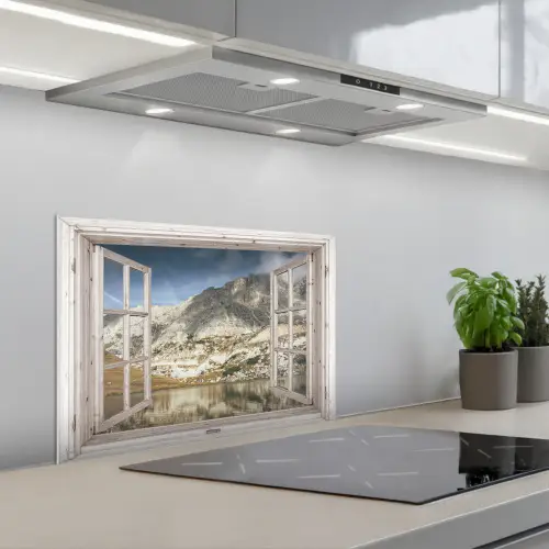 Doorkijk - Water - Bergen keuken achterwand spatscherm klein -3d_schuin