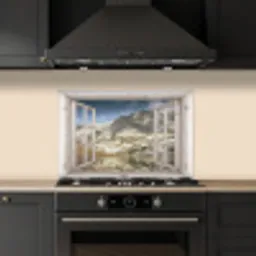 Doorkijk - Water - Bergen keuken achterwand spatscherm klein -sfeer1