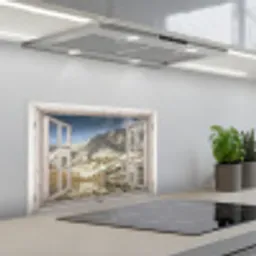 Doorkijk - Water - Bergen keuken achterwand spatscherm klein -3d_schuin