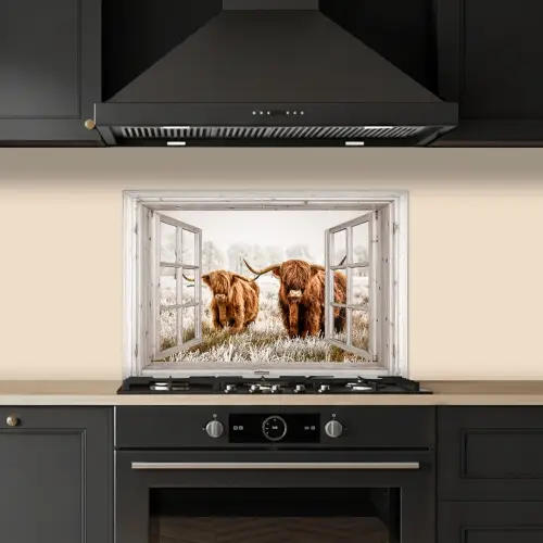 Doorkijk - Schotse hooglander - Dieren keuken achterwand spatscherm klein -sfeer1