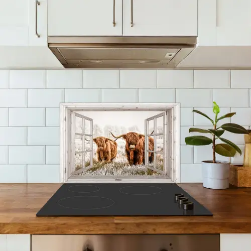 Doorkijk - Schotse hooglander - Dieren keuken achterwand spatscherm klein -sfeer2