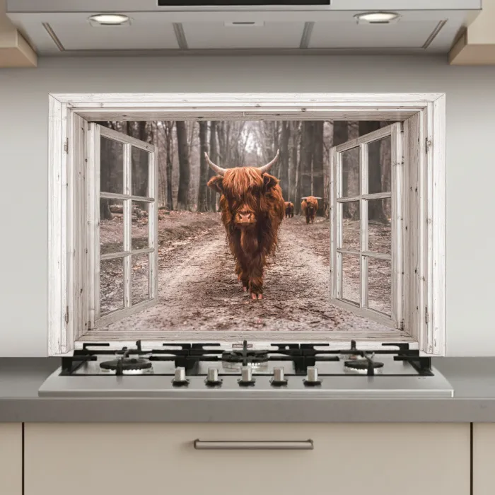 Doorkijk - Schotse Hooglander - Raam keuken achterwand spatscherm klein -3d_website